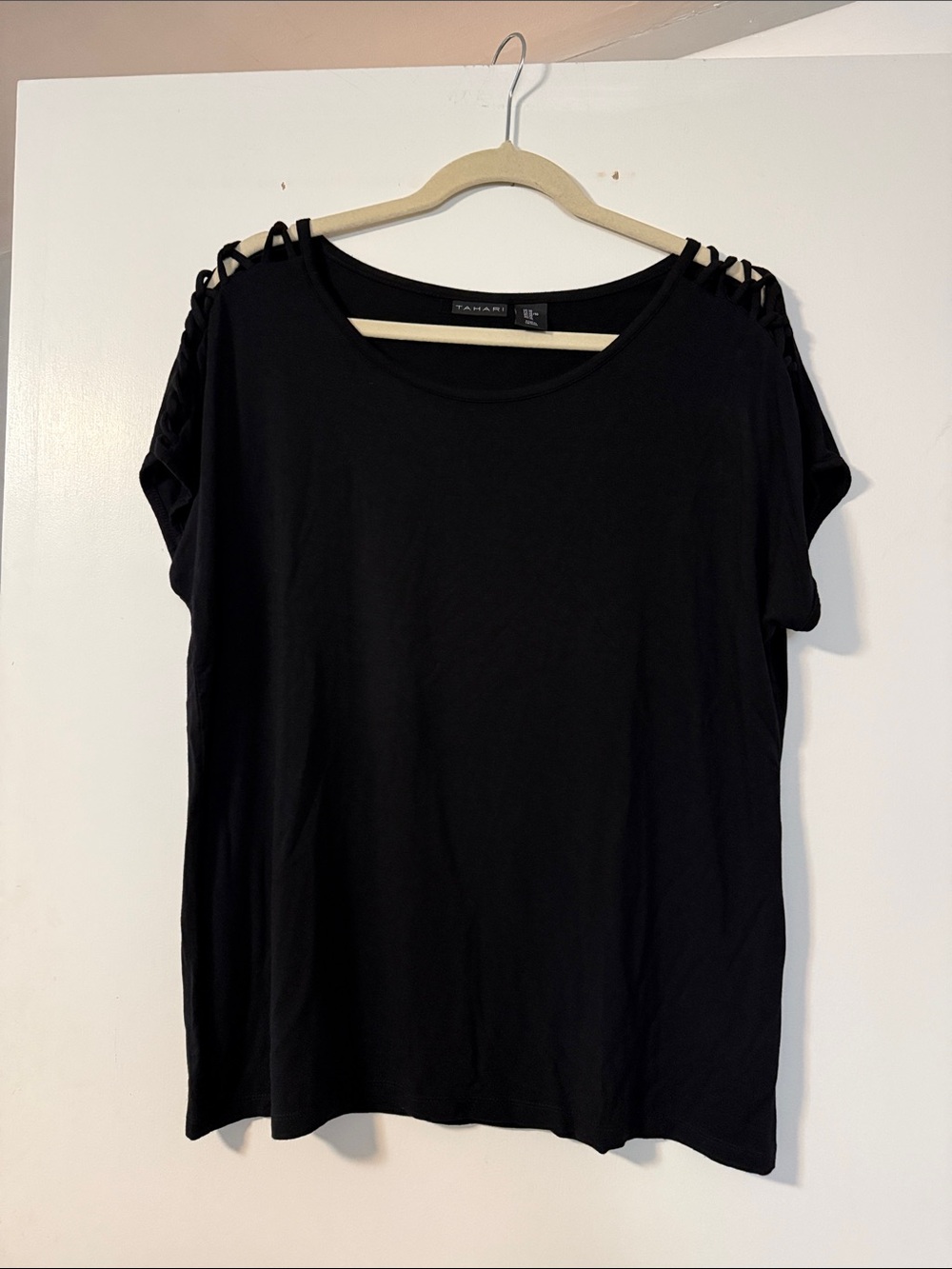 Tahari Black Short Sleeve Tee with Lattice Shoulder Detail